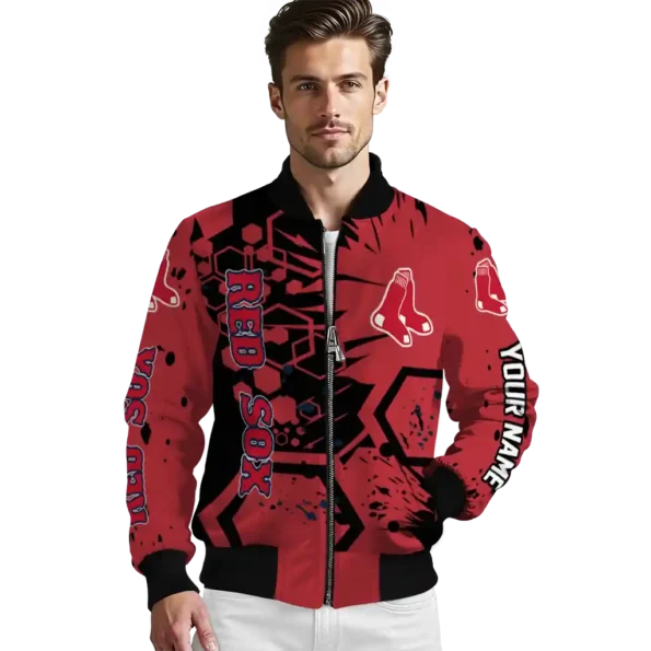 personalized boston red sox hexagon cluster red black bomber jacket high quality