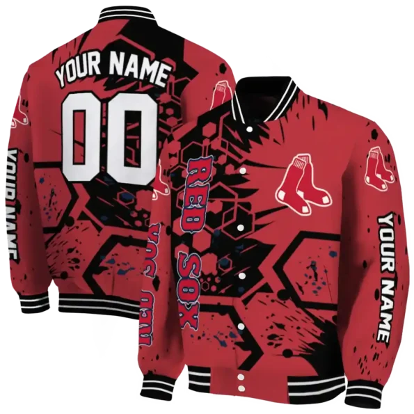 personalized boston red sox hexagon cluster red black varsity jacket fashion forward