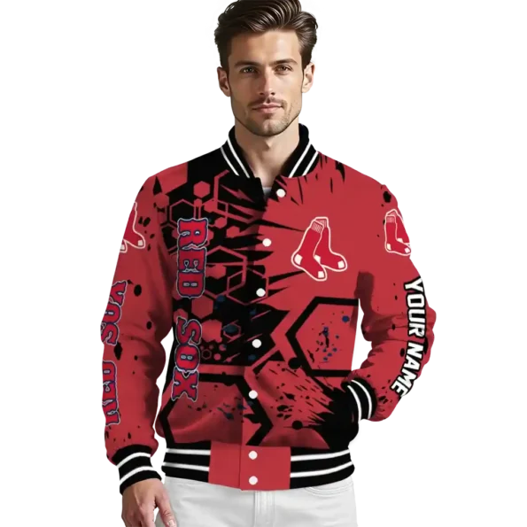 personalized boston red sox hexagon cluster red black varsity jacket high quality