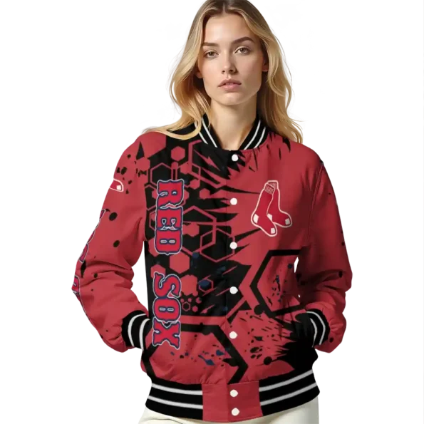 personalized boston red sox hexagon cluster red black varsity jacket latest model