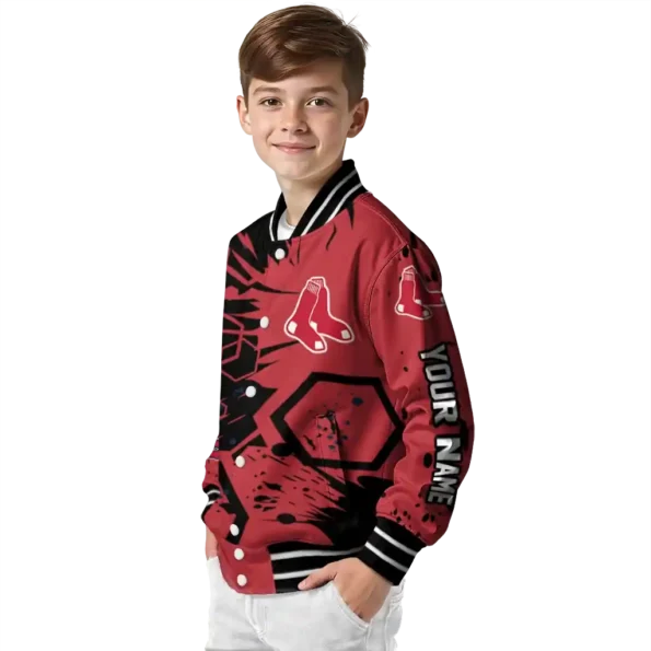 personalized boston red sox hexagon cluster red black varsity jacket trendy