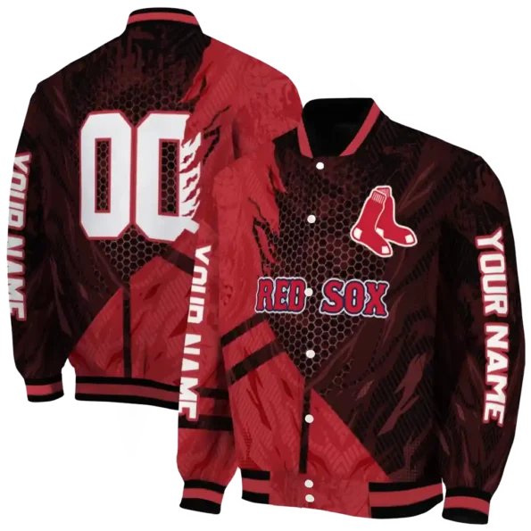 personalized boston red sox hexagon mesh red black varsity jacket fashion forward
