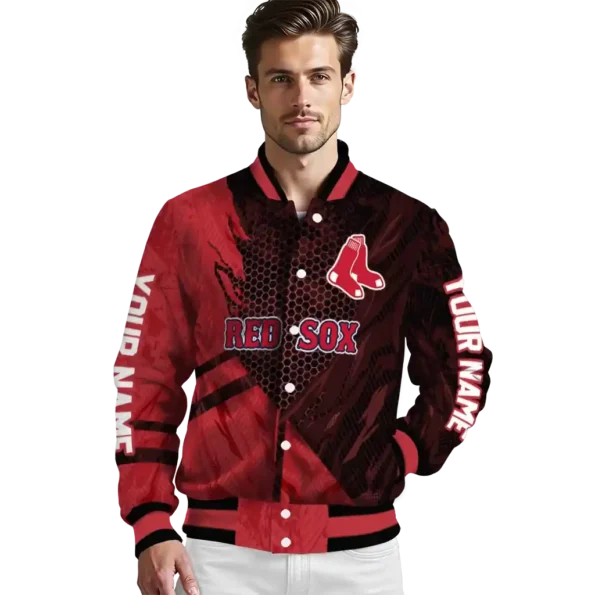 personalized boston red sox hexagon mesh red black varsity jacket high quality