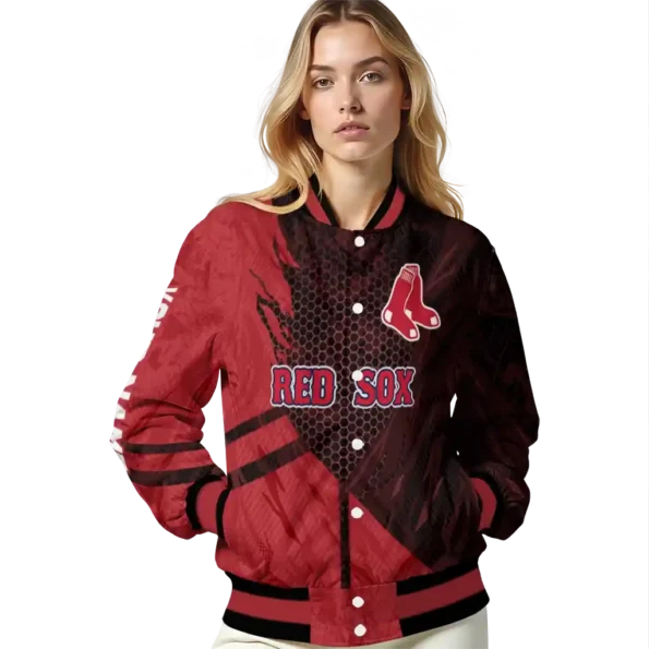 personalized boston red sox hexagon mesh red black varsity jacket latest model