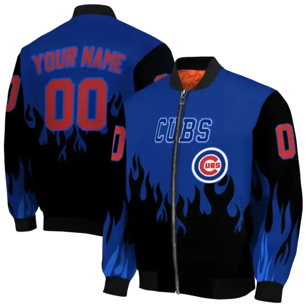 personalized chicago cubs flame border blue black bomber jacket fashion forward
