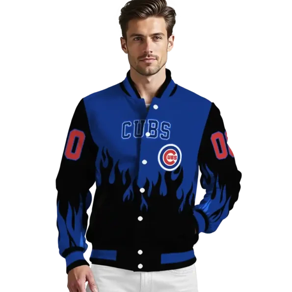 personalized chicago cubs flame border blue black varsity jacket high quality