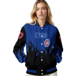 personalized chicago cubs flame border blue black varsity jacket best selling