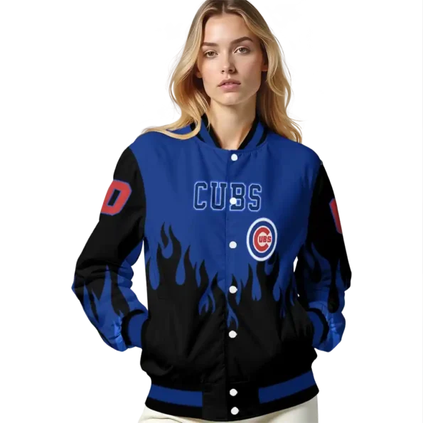 personalized chicago cubs flame border blue black varsity jacket latest model