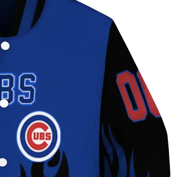 personalized chicago cubs flame border blue black varsity jacket premium grade