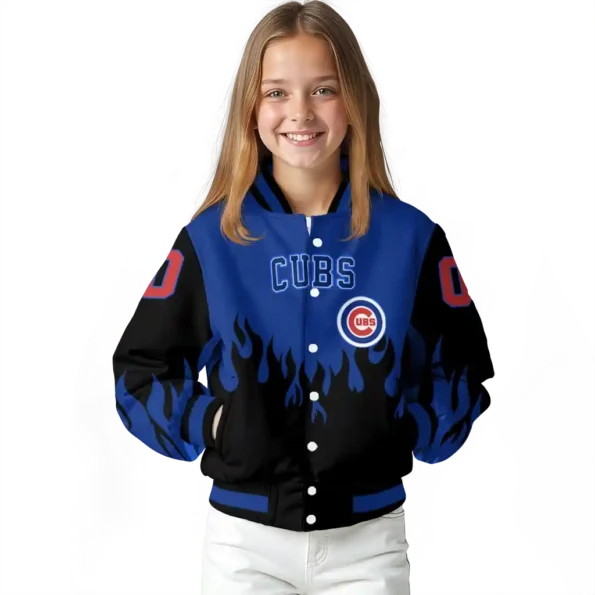 personalized chicago cubs flame border blue black varsity jacket top rated