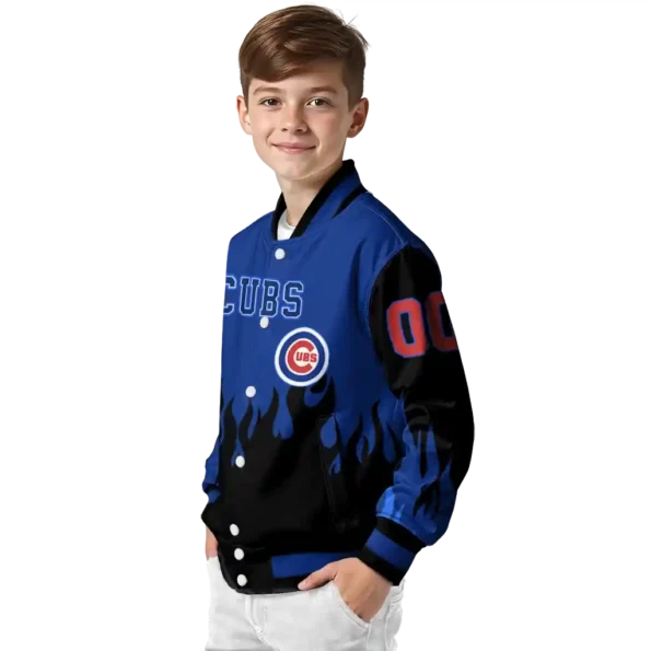 personalized chicago cubs flame border blue black varsity jacket trendy