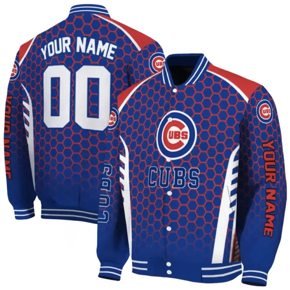 personalized chicago cubs hexagon grid blue varsity jacket fashion forward