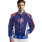 personalized chicago cubs hexagon grid blue varsity jacket best selling