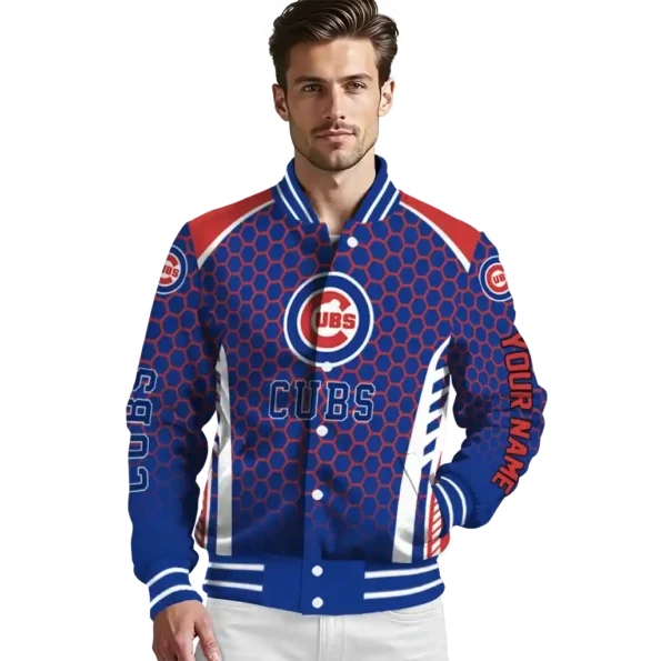 personalized chicago cubs hexagon grid blue varsity jacket high quality