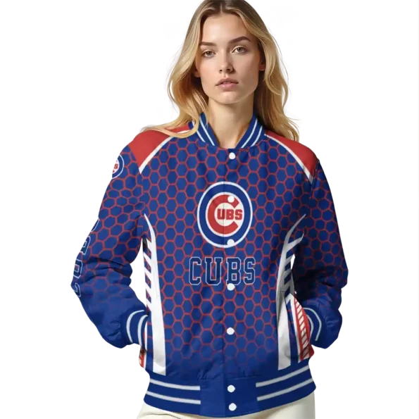 personalized chicago cubs hexagon grid blue varsity jacket latest model