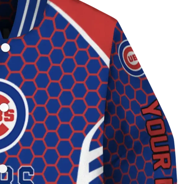 personalized chicago cubs hexagon grid blue varsity jacket premium grade
