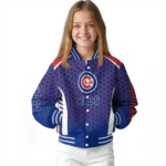 personalized chicago cubs hexagon grid blue varsity jacket best selling