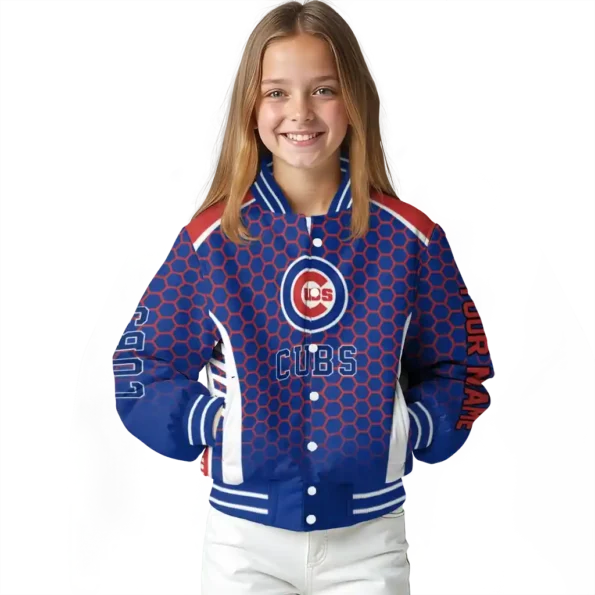 personalized chicago cubs hexagon grid blue varsity jacket top rated