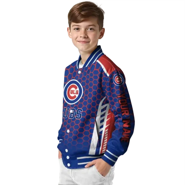 personalized chicago cubs hexagon grid blue varsity jacket trendy
