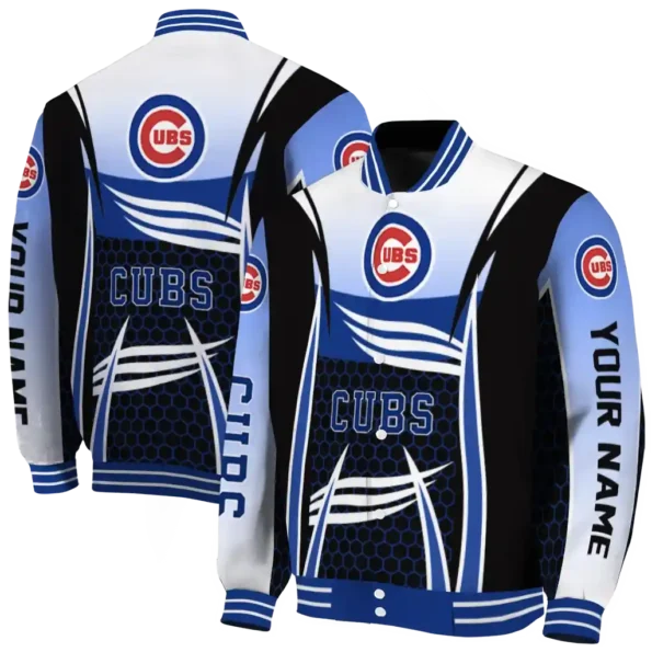 personalized chicago cubs mesh effect blue black varsity jacket fashion forward