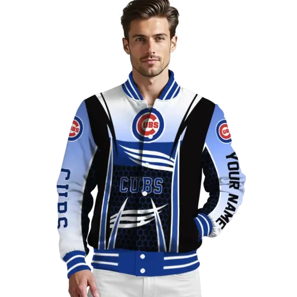 personalized chicago cubs mesh effect blue black varsity jacket high quality