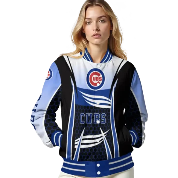 personalized chicago cubs mesh effect blue black varsity jacket latest model