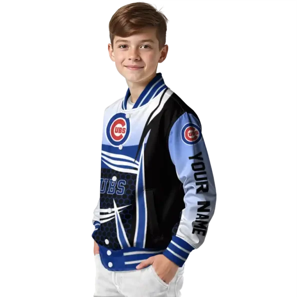 personalized chicago cubs mesh effect blue black varsity jacket trendy