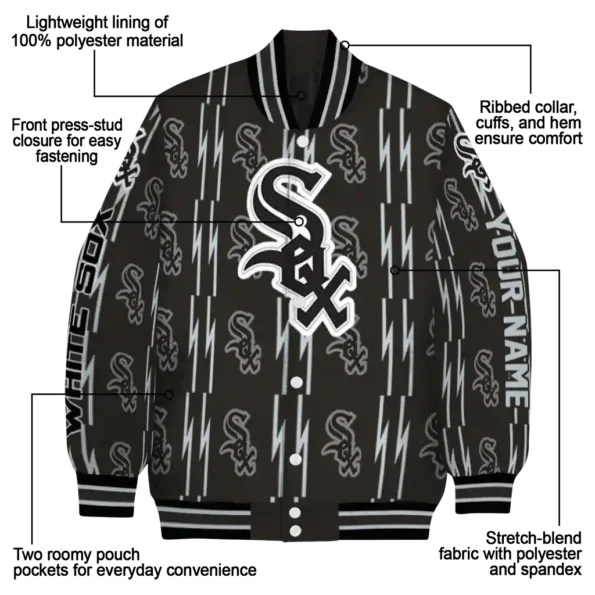 personalized chicago white sox bolt stripe black varsity jacket new arrival