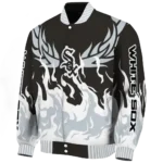 personalized chicago white sox winged blaze black white varsity jacket best selling