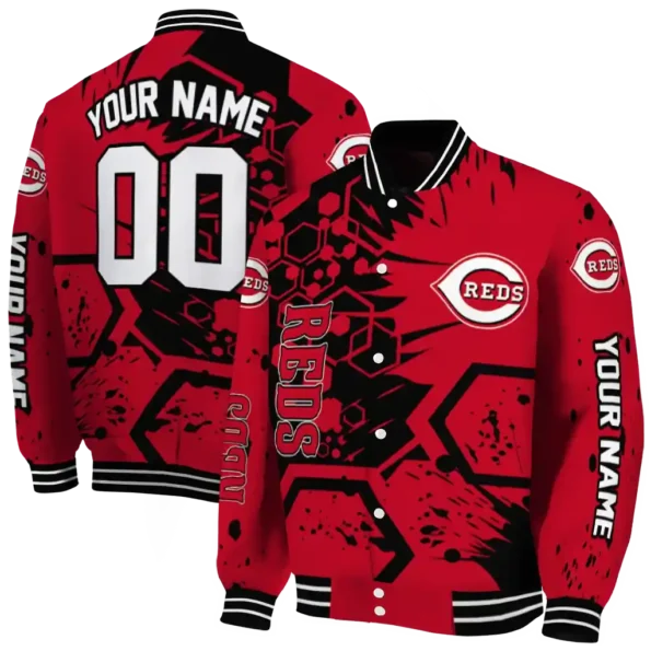 personalized cincinnati reds hexagon cluster red black varsity jacket fashion forward
