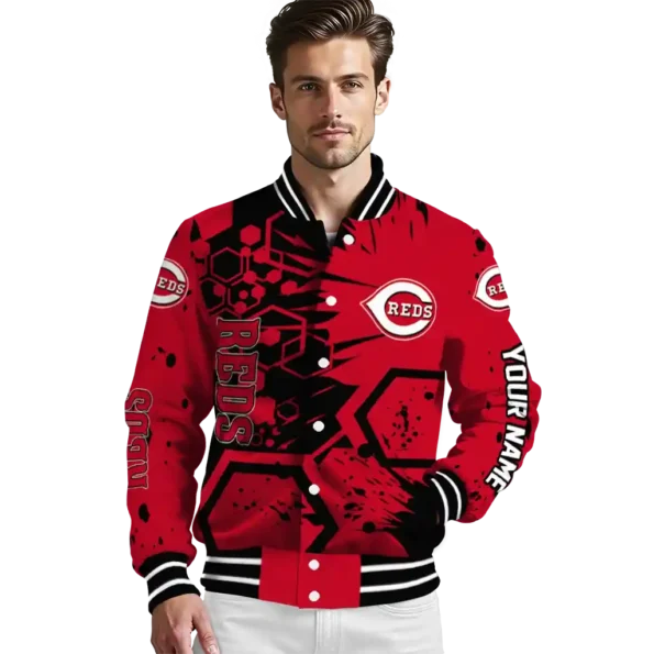 personalized cincinnati reds hexagon cluster red black varsity jacket high quality