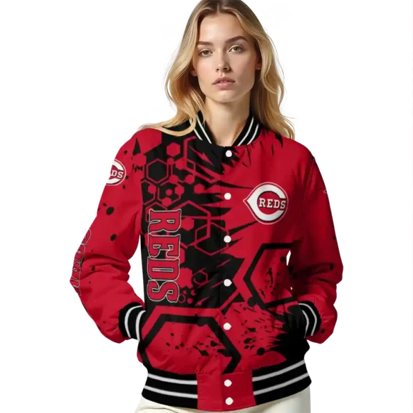 personalized cincinnati reds hexagon cluster red black varsity jacket latest model