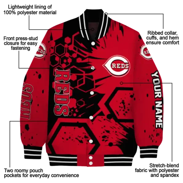 personalized cincinnati reds hexagon cluster red black varsity jacket new arrival