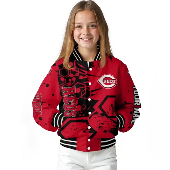 personalized cincinnati reds hexagon cluster red black varsity jacket top rated