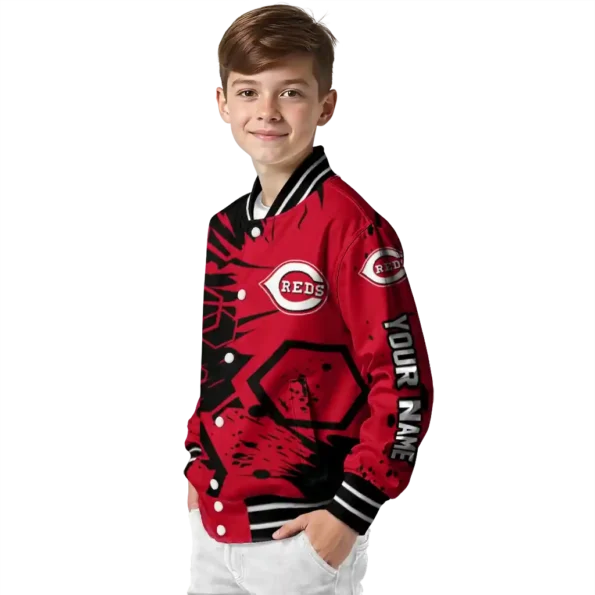 personalized cincinnati reds hexagon cluster red black varsity jacket trendy