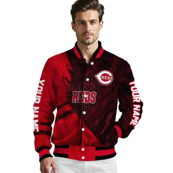 personalized cincinnati reds hexagon mesh red black varsity jacket high quality