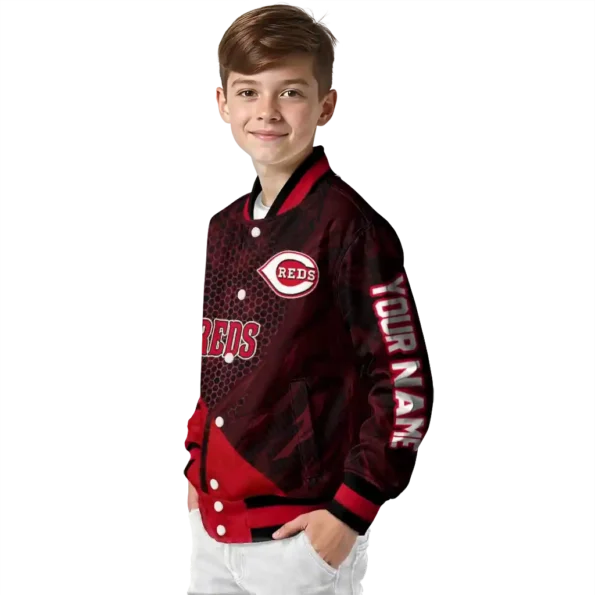 personalized cincinnati reds hexagon mesh red black varsity jacket trendy