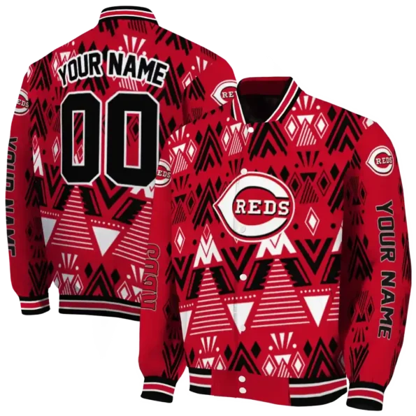 personalized cincinnati reds pyramid shapes red varsity jacket fashion forward