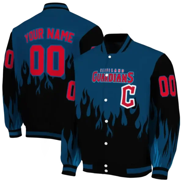 personalized cleveland guardians flame border navy blue black varsity jacket fashion forward
