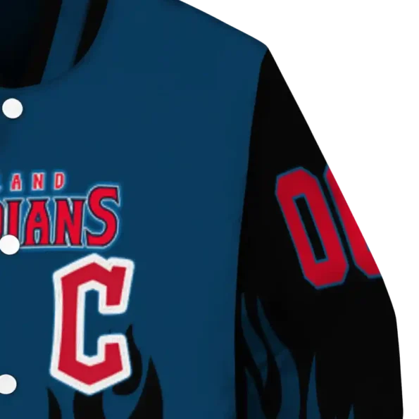 personalized cleveland guardians flame border navy blue black varsity jacket premium grade