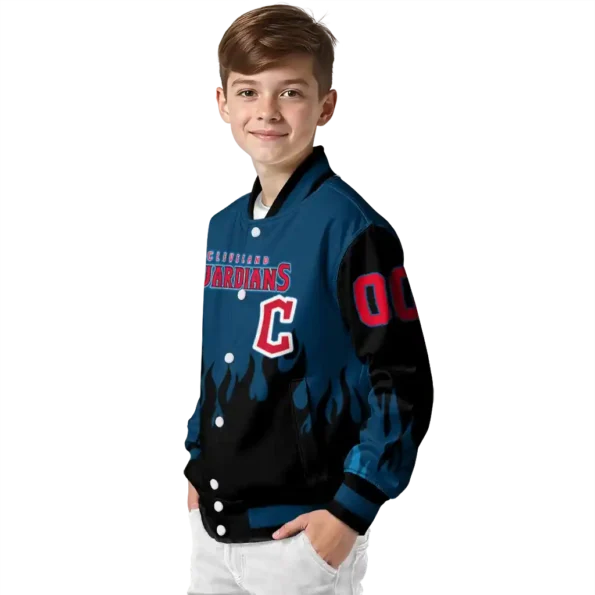 personalized cleveland guardians flame border navy blue black varsity jacket trendy