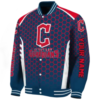 personalized cleveland guardians hexagon grid navy blue varsity jacket best selling