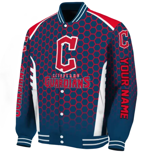 personalized cleveland guardians hexagon grid navy blue varsity jacket best selling