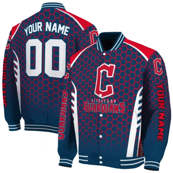 personalized cleveland guardians hexagon grid navy blue varsity jacket fashion forward