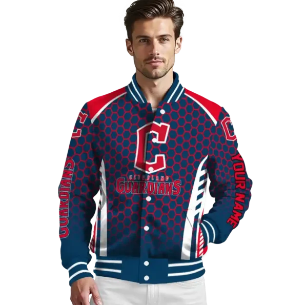 personalized cleveland guardians hexagon grid navy blue varsity jacket high quality