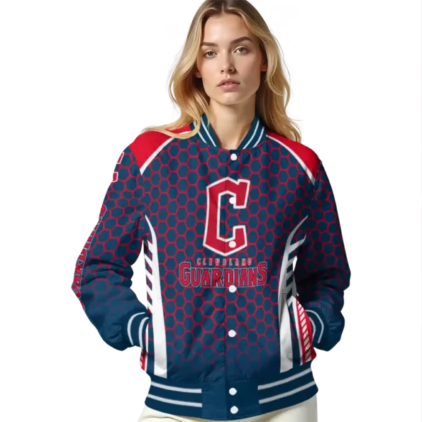 personalized cleveland guardians hexagon grid navy blue varsity jacket latest model