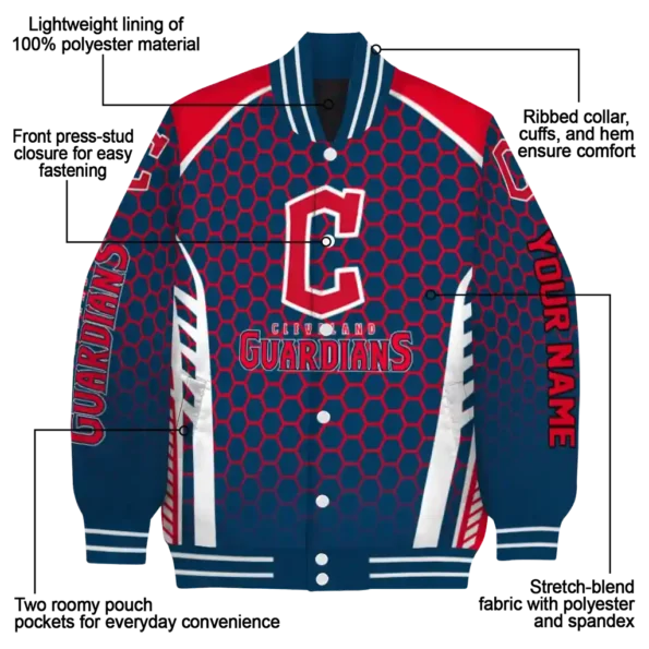 personalized cleveland guardians hexagon grid navy blue varsity jacket new arrival