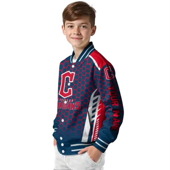 personalized cleveland guardians hexagon grid navy blue varsity jacket trendy