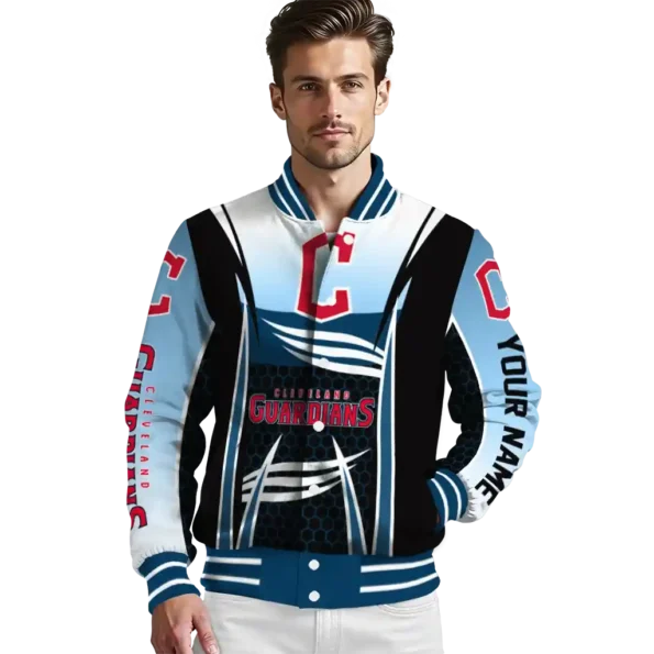 personalized cleveland guardians mesh effect navy blue black varsity jacket high quality