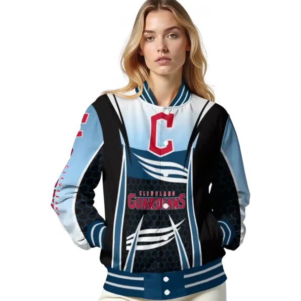 personalized cleveland guardians mesh effect navy blue black varsity jacket latest model